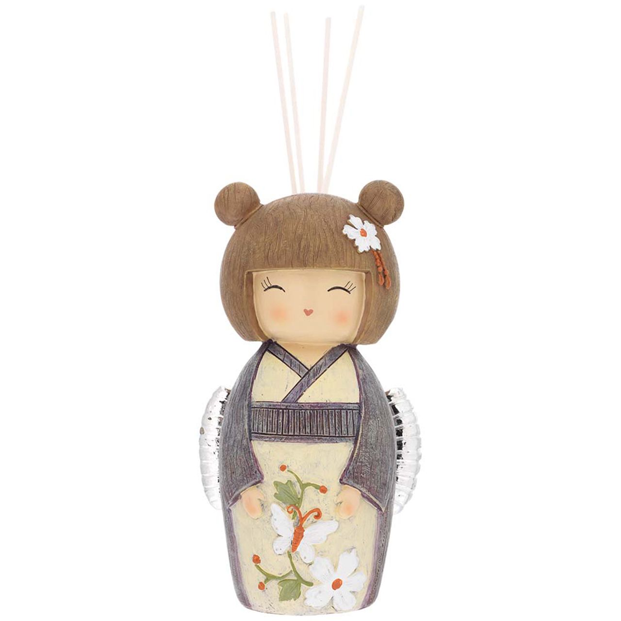 KOKESHI DIFFUSORE CON VENTAGLIO E FIOCCO ARGENTO SUL RETRO H. 13